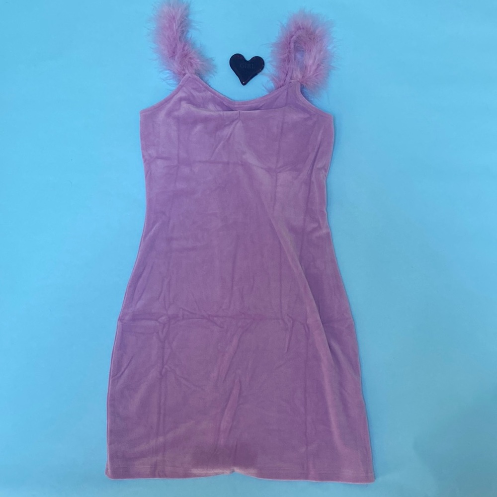Lavender velour mini dress. Feathery accented straps. Perfect for lounging